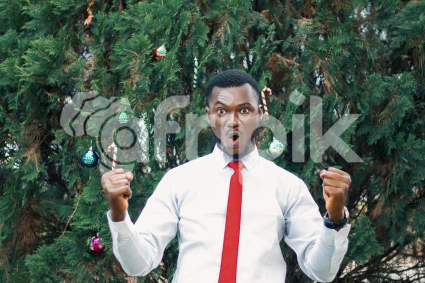 Cheerful man in front of a christmas tree