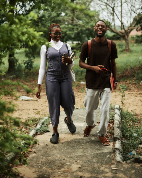 Girl and boy walking together