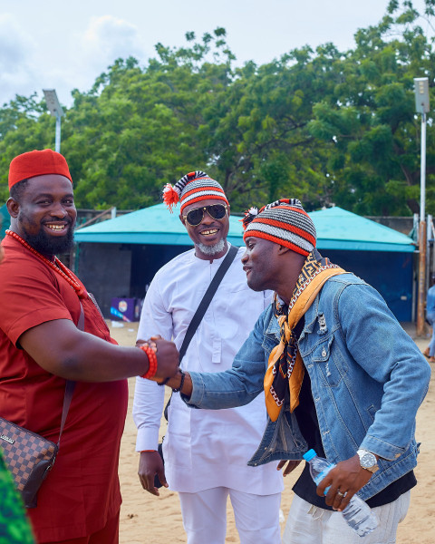 Men cheerfully greeting