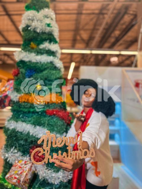 Girl standing beside a christmas tree