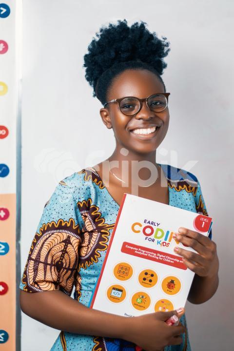 Teacher with coding book
